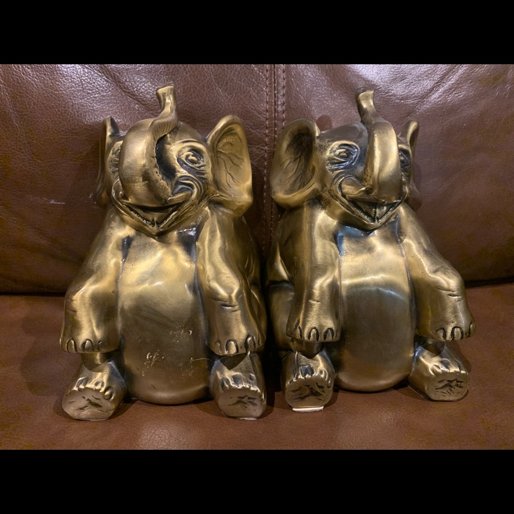 Pair of Cast Metal Brass Finish Elephant Bookends by A.C.R. Master Craftsmen